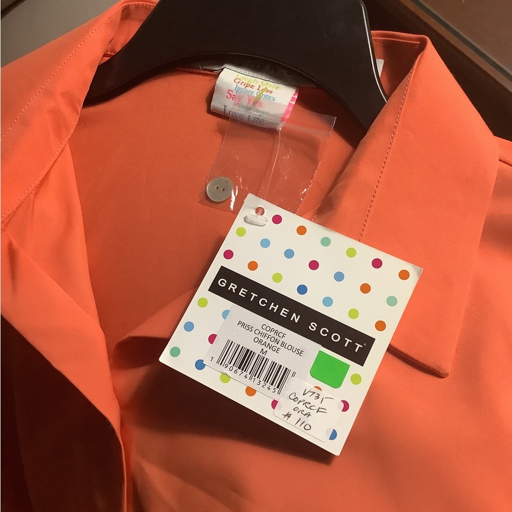 Gretchen Scott NWT Med. orange Blouse 3/4 Sleeves Semi Fitted Ruffled Cu… - Picture 8 of 10